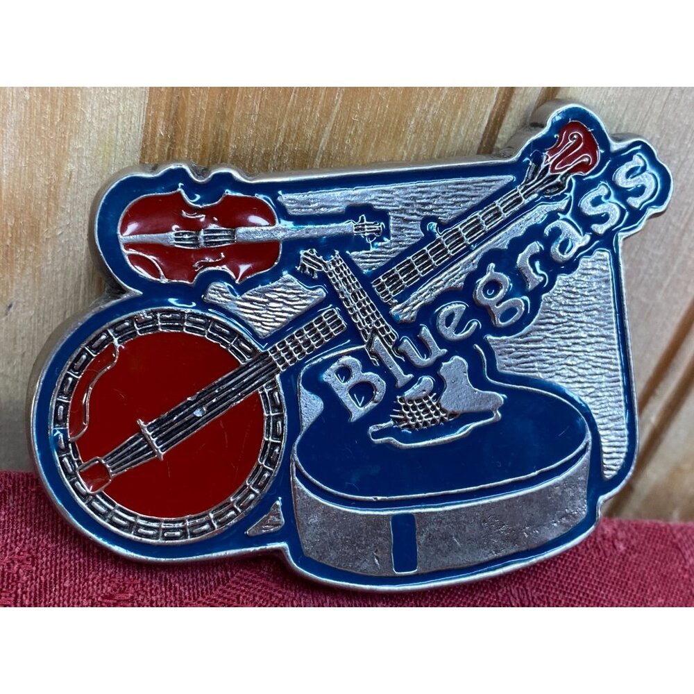 Vintage Bluegrass Guitar/Banjo/Violin Brass Belt Buckle #2113 Enamel Country Mus